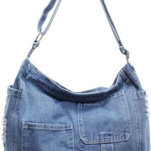 Denim Hobo Tote Bag for Women Blue Large Jean Casual Shoulder Purse Crossbody Ha